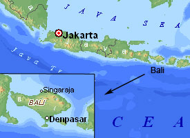 Map of Bali in relation to the rest of Indonesia.