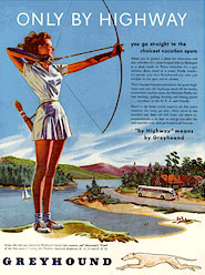 Greyhound bus line ad: Only by highway.