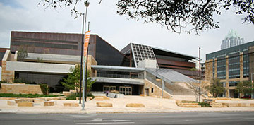 Austin's City Hall and Public Plaza, viewed from Town Lake Park. 