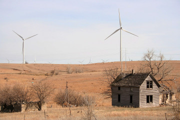 Abandoned farmhouse with turbines in background, Meridian Way Wind Farm, Cloud County, KS