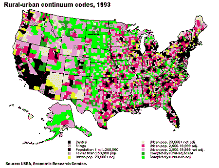U.S. map of rural-urban continuum codes, 1993.