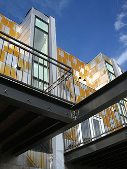 Rear view of Merchant's Row&mdash;modern design mixes with urban materials. 