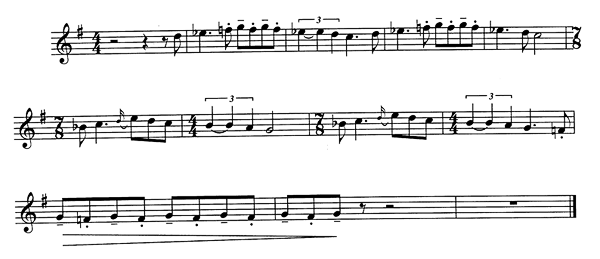 Musical notation of slowed veery song