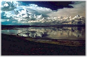 Flooded plains along shore of Lake Titicaca.