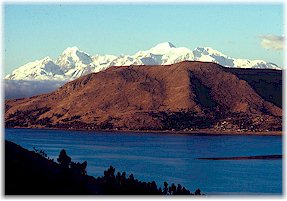 Straits of Tiquina, lakeshore villages, and Cordillera Real.