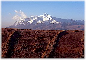Fields on ridge, with Cordillera Real behind.