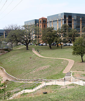 CSC office buildings and fire tower by Town Lake park.